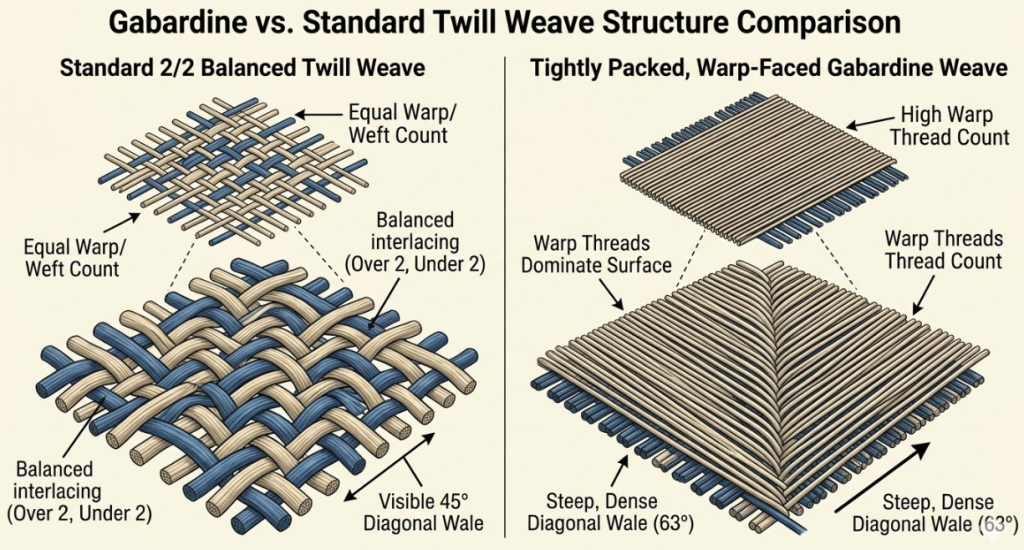 Technical diagram comparing a balanced standard twill weave structure to a tightly packed warp-faced gabardine weave.