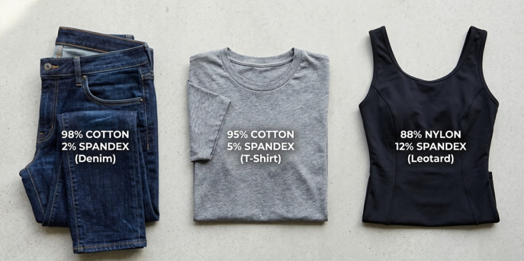 Three garments displaying standard elastomeric textile ratios: 98/2 heavy stretch denim jeans, 95/5 cotton spandex t-shirt, and 90/10 activewear leotard.