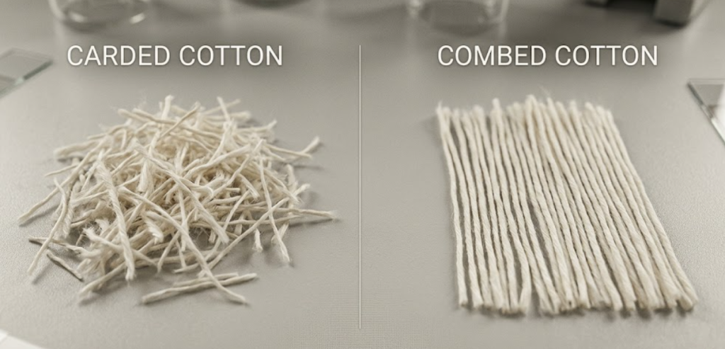 Side-by-side comparison of individual cotton fibers illustrating the mixed lengths of carded cotton versus the uniform long-staple length of combed cotton.

