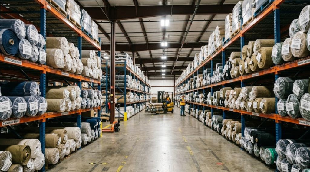 Canvas ETC commercial distributor warehouse stocking full bolts of heavy cotton duck and technical synthetic textiles for B2B buyers.
