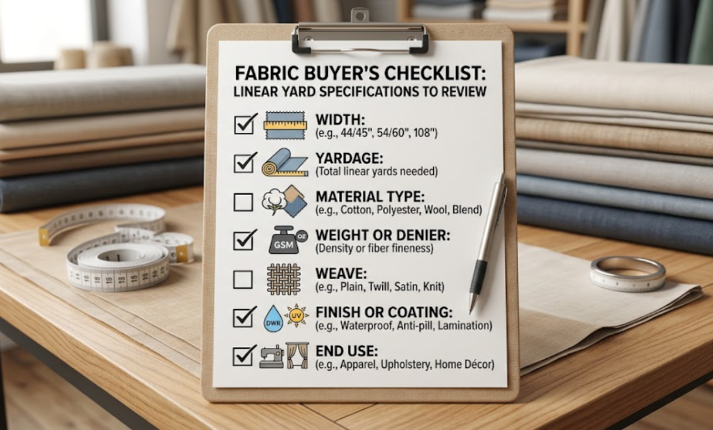 Checklist showing the fabric specifications to review when buying by the linear yard, including width, yardage, material, and finish