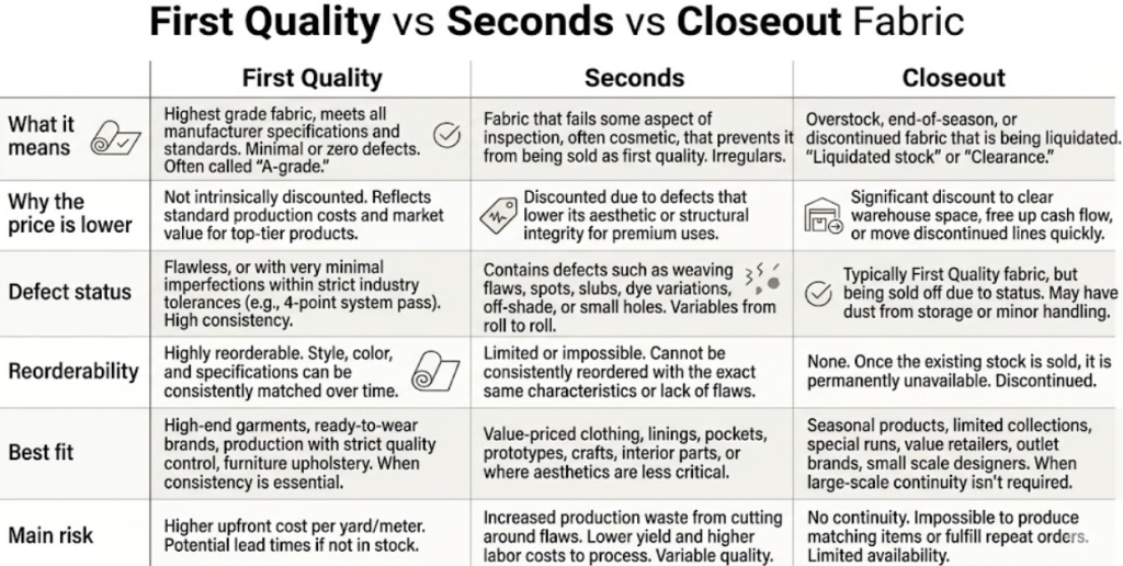 Comparison chart showing first-quality fabric, seconds, and closeout fabric by defect status, reason for discount, reorderability, and best use.