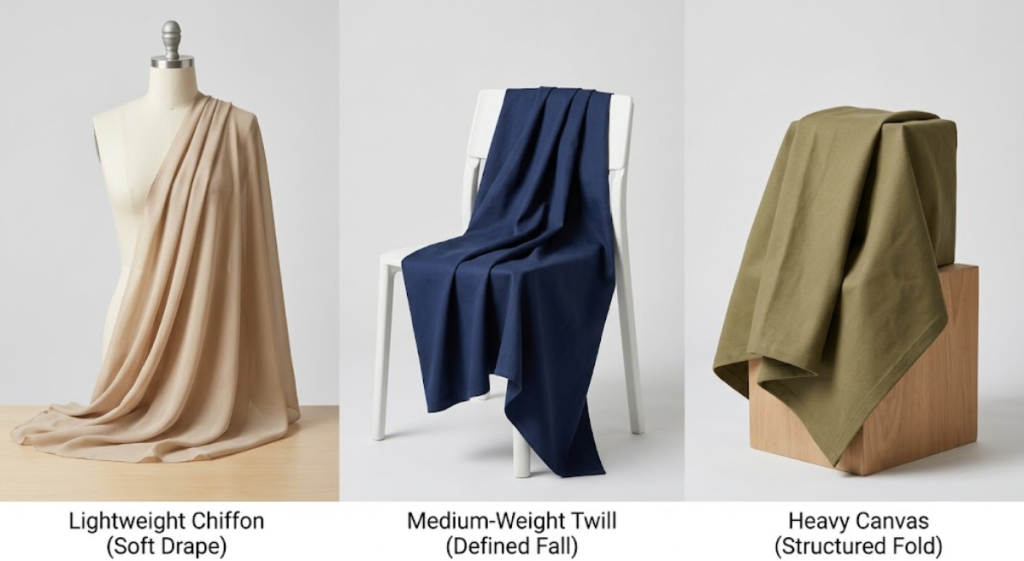 Comparison of lightweight drapey fabric and heavier structured fabric to show how fabric weight and drape affect project results