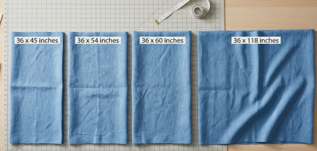 Comparison of one linear yard on 45-inch, 54-inch, 60-inch, and 118-inch-wide fabric