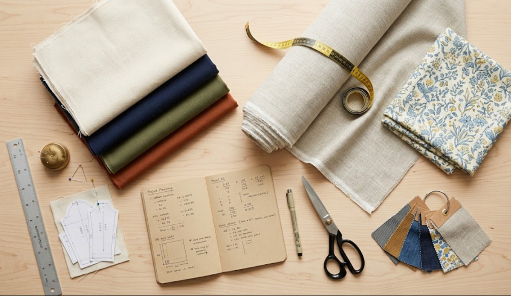 Overhead view of fabric sold by the yard with swatches, measuring tape, scissors, and project notes for planning the right fabric purchase