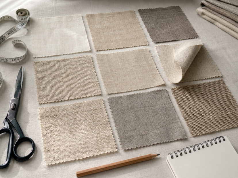 Linen swatches on a worktable with fabric scissors and measuring tape for checking color, texture, opacity, and width before ordering