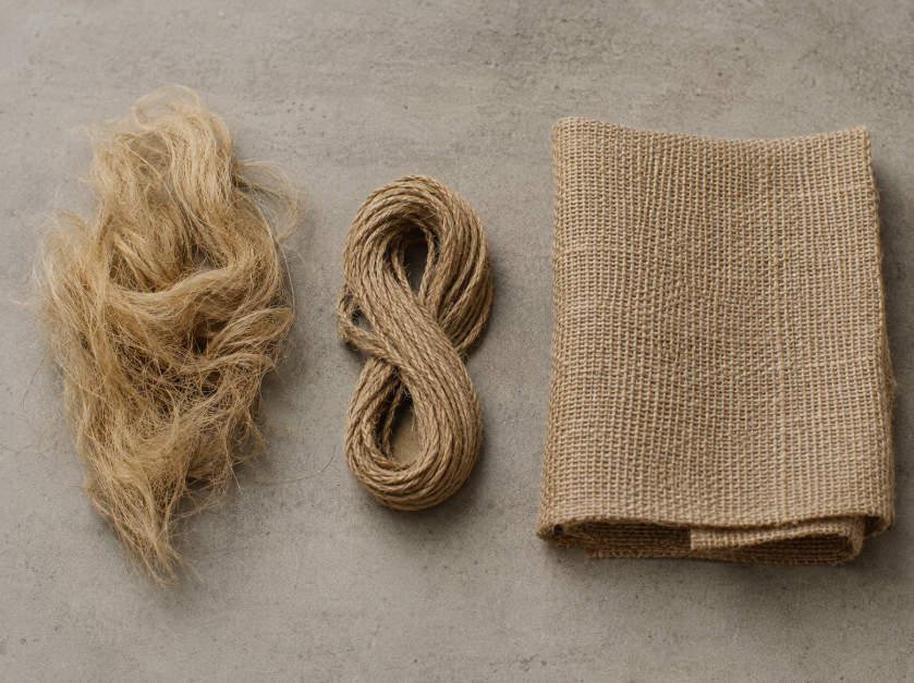 Close-up flat lay showing raw jute fiber, twisted jute yarn, and coarse woven burlap or hessian fabric arranged from left to right.