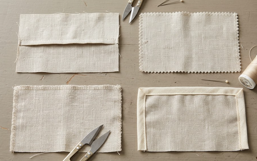 Comparison of French seam, zigzag seam, serged edge, and bound seam on linen fabric