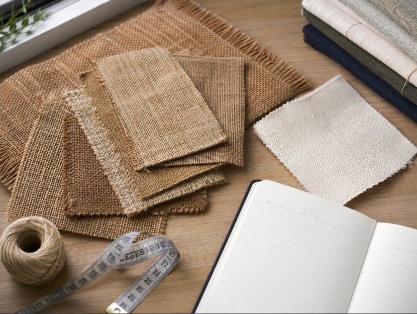 Fabric swatches with a measuring tape, small thread sample, and notebook, representing fiber content, weave, weight, width, finish, and end-use specification checks.
