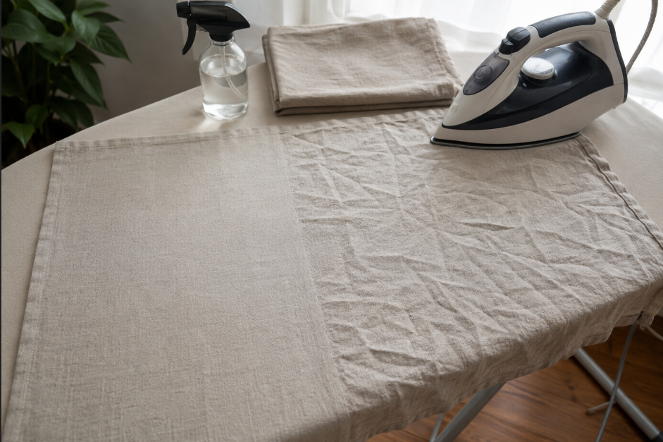 Linen fabric being smoothed while damp beside a steam iron for wrinkle management
