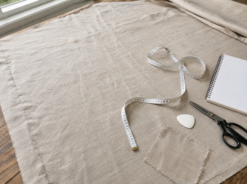 Linen yardage laid out with measuring tape, scissors, and notes for prewashing before cutting