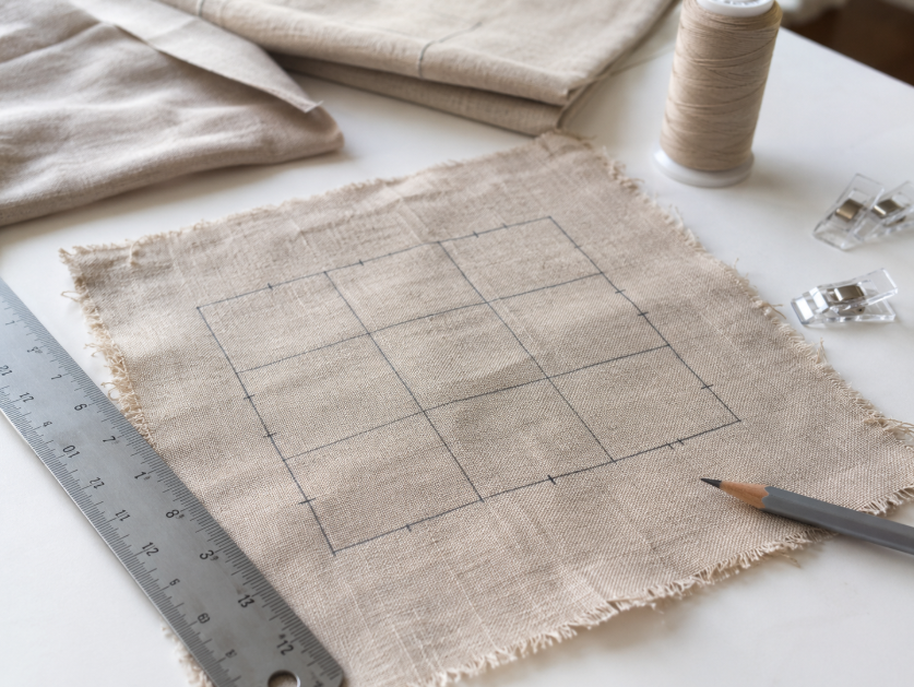 Marked linen fabric test swatch measured with a ruler before prewashing