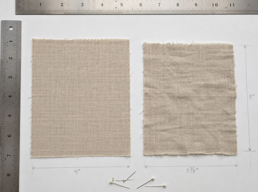 Measured linen fabric swatches before and after washing showing dimensional change in length and width