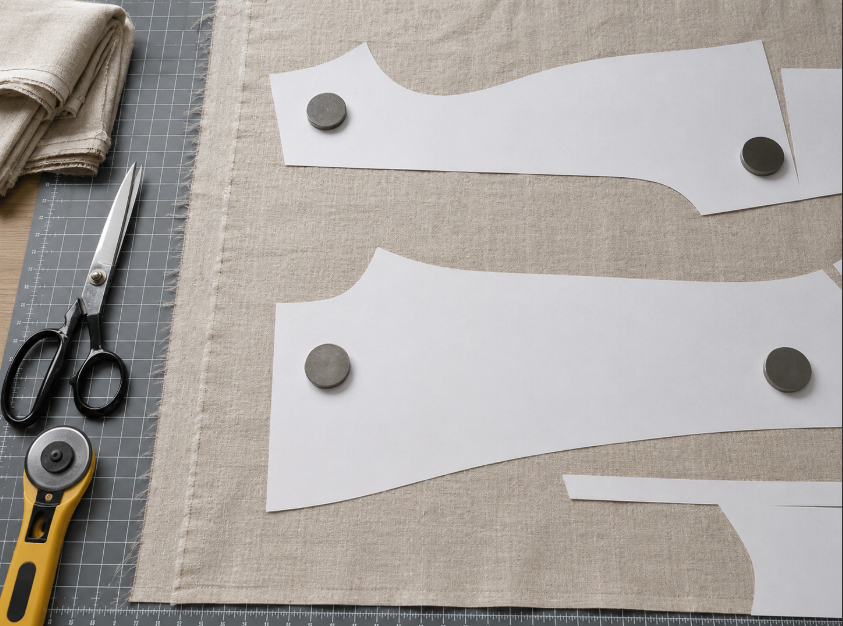 Pressed linen fabric aligned on grain with sewing pattern weights before cutting
