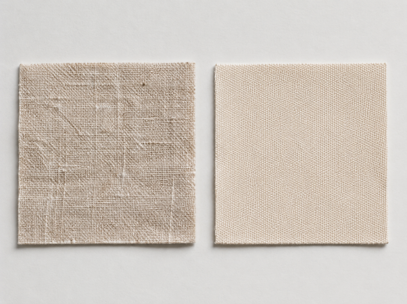 Side-by-side close-up of flax-based linen fabric and cotton duck canvas showing differences in texture, weave, and surface character