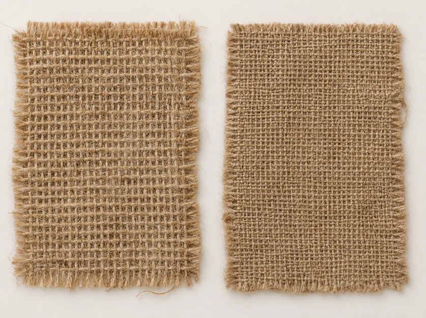 Two coarse woven fabric swatches side by side, one labeled in the caption as burlap and one as hessian, showing similar jute-based texture and weave.