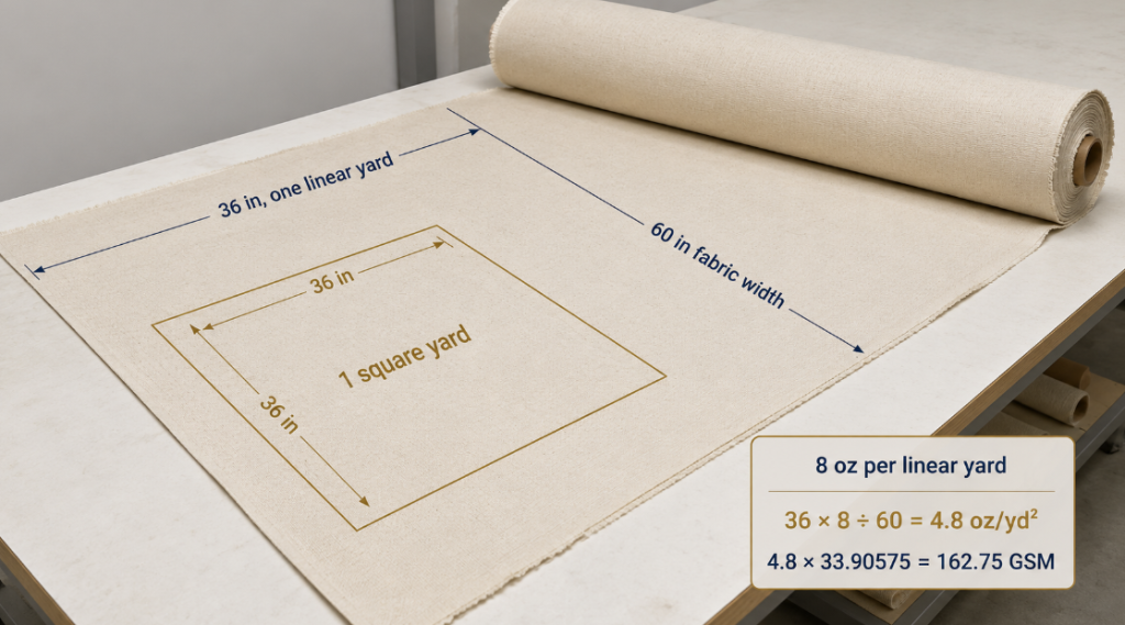 Diagram comparing one linear yard of 60-inch-wide fabric with one square yard for an oz-to-GSM calculation.