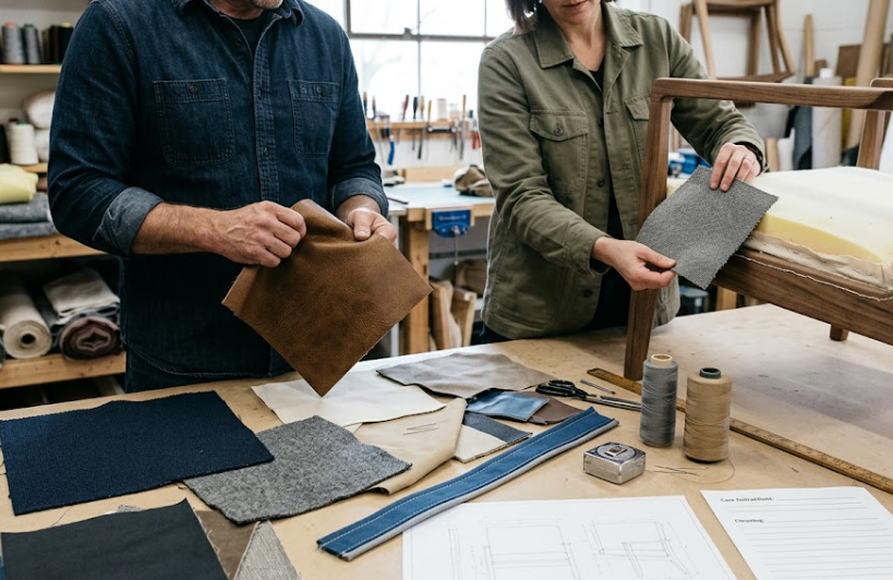 Furniture maker comparing upholstery swatches, seam samples, care instructions, and chair construction.
