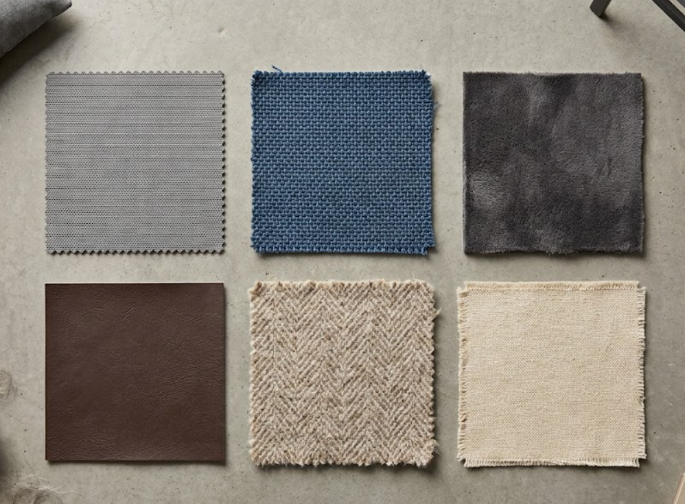 Performance synthetic, microfiber, coated upholstery, wool blend, outdoor fabric, and cotton duck samples.