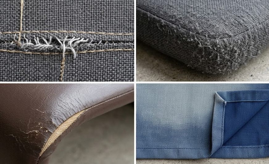 Upholstery seam slippage, fabric pilling, cracked coating, and sun fading on high traffic furniture.