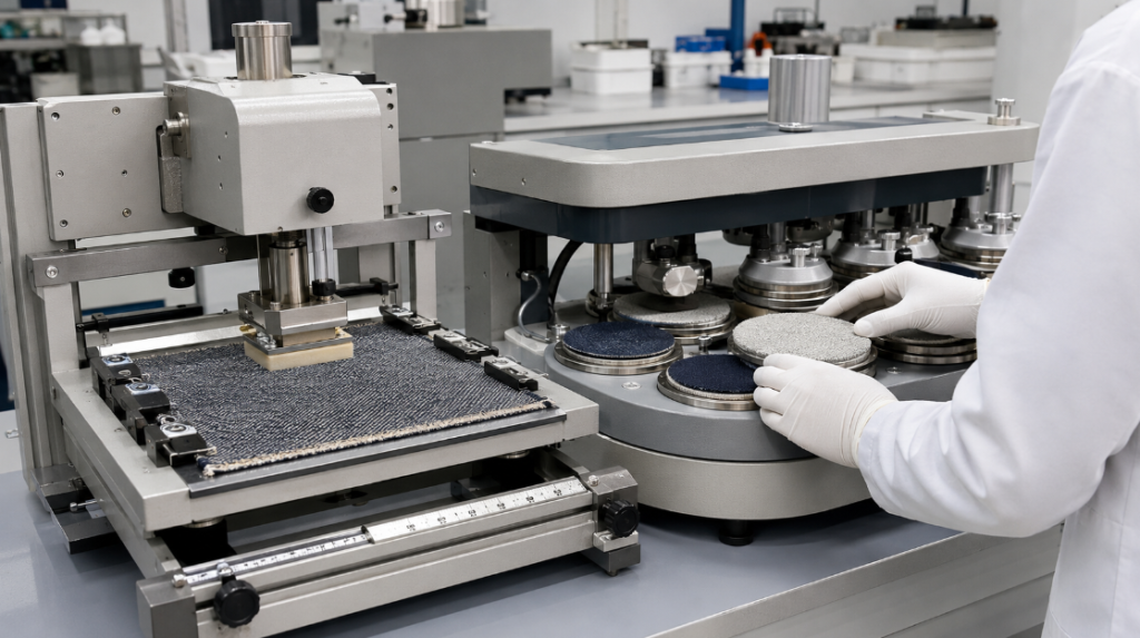 Wyzenbeek and Martindale machines testing woven upholstery fabric for abrasion resistance.