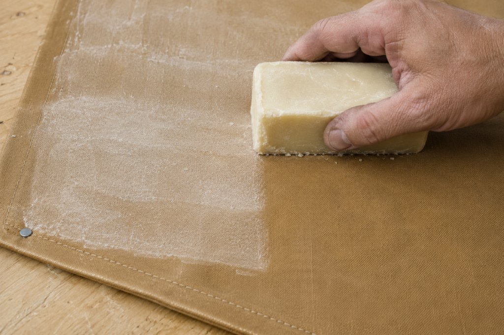 A solid fabric wax bar rubbed in overlapping strokes across a panel of 13.5 oz waxed Army Duck in Field Tan, leaving a pale wax bloom on the surface