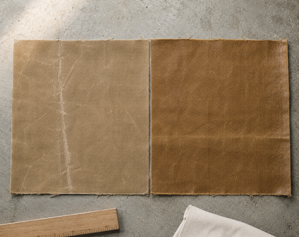 Two panels of the same Field Tan waxed Army Duck side by side, one worn and pale and one freshly rewaxed and visibly darker with a subtle sheen, showing how rewaxing darkens waxed canvas