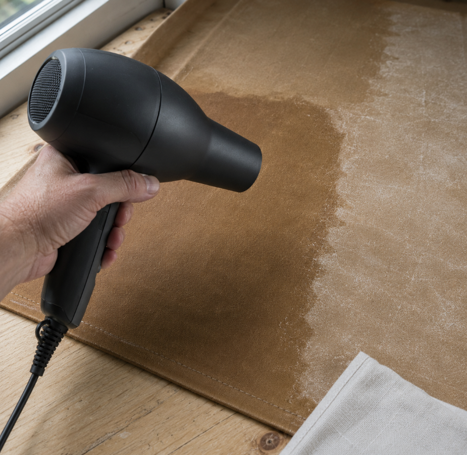 A hair dryer held about six inches from rewaxed Army Duck canvas, melting the applied fabric wax until the surface turns glossy and sinks into the weave