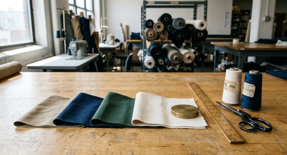 Four cotton twill fabric swatches ranging from 5.5 oz lightweight chino to 14 oz unbleached bull denim fanned on a wooden cutting table with a brass weight and tailoring shears.