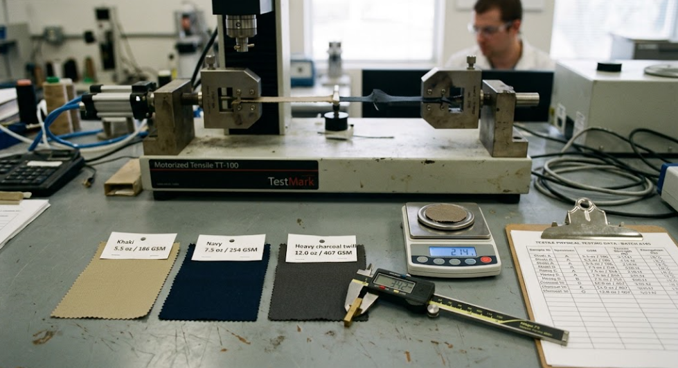 Textile testing laboratory bench with cotton twill test specimens labeled 5.5 oz, 7.5 oz, and 12 oz beside a digital caliper, precision scale, and tensile testing clamps.