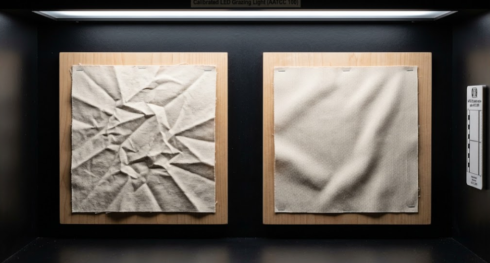 AATCC 128 wrinkle recovery test comparing heavily creased plain weave cotton duck against smooth twill fabric with dispersed crease angles under standardized overhead grazing light.