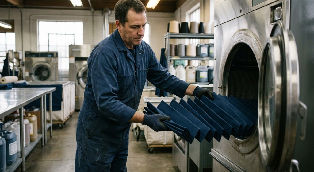 Navy blue dyed cotton duck canvas folded into continuous loose 14-inch accordion pleats being placed into an open front-loading washing machine drum to prevent white crease marks.