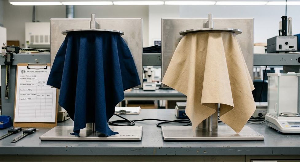 Cusick drape meter test comparing fluid multi-nodal drape of 7.5 oz cotton chino twill against rigid folds of 7.5 oz plain weave duck canvas.