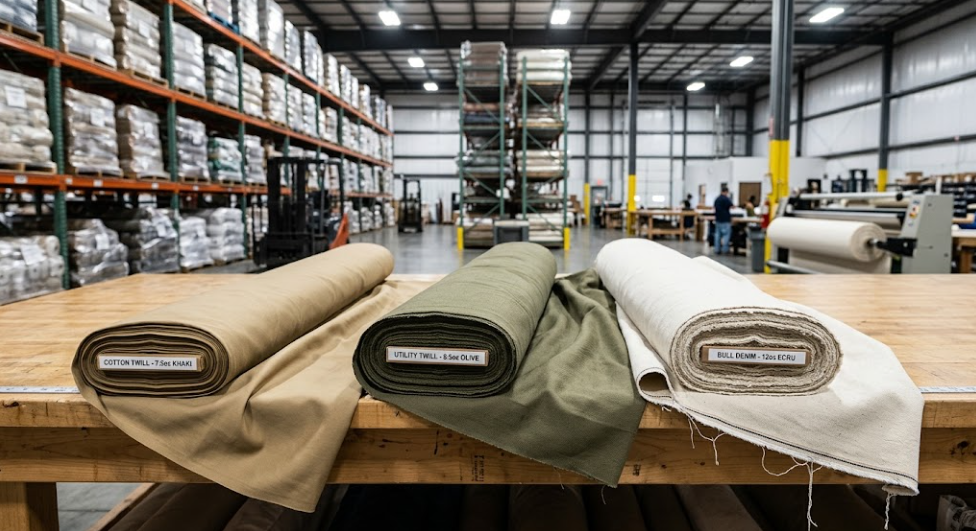 Wholesale fabric rolls of fine combed chino cloth, carded utility drill, and heavy bull denim twill displayed on an industrial cutting table.