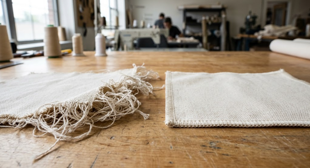 Side-by-side comparison of 10 oz cotton duck canvas after washing, showing an unsecured raw edge frayed into a two-inch tangled mess on the left versus a clean edge stabilized with four-thread overlock serging on the right.