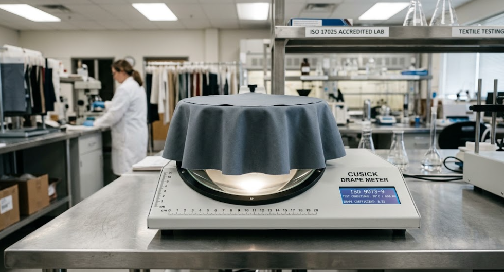Laboratory Cusick drape meter apparatus measuring the drape coefficient of a circular twill fabric specimen showing multi-nodal gravitational fold waves.
