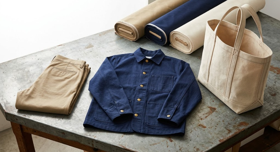 Arrangement of finished cotton twill products including khaki chinos, a navy chore jacket, and a natural ecru bull denim tote bag displayed with matching fabric rolls.
