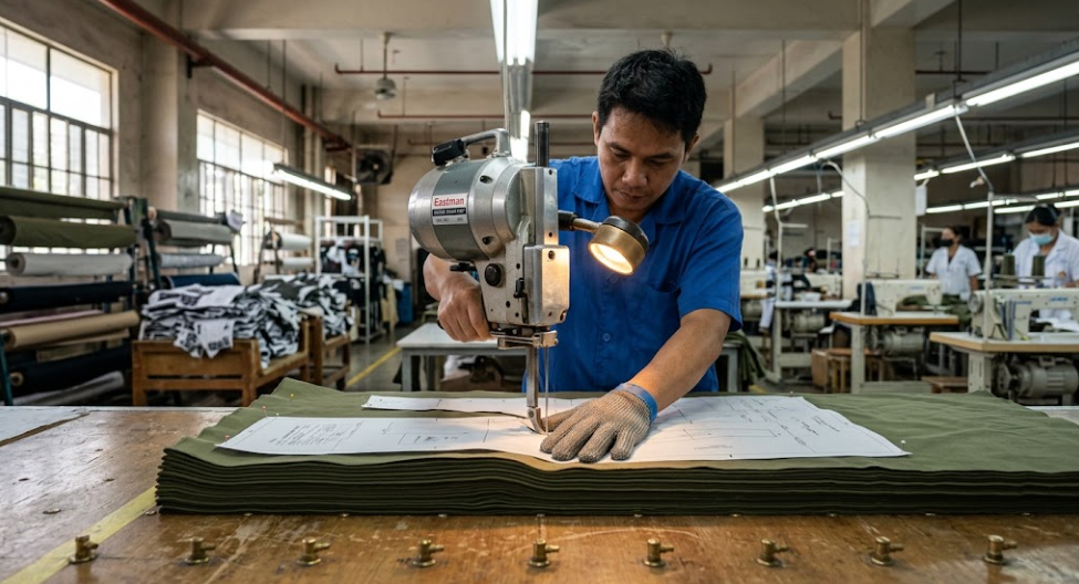 Industrial vertical knife cloth cutting machine cutting multi-ply layers of olive green cotton twill aligned to grainline in a commercial garment manufacturing facility.