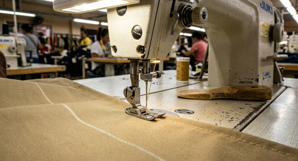 Industrial sewing machine stitching 7.5 oz combed chino cloth using Schmetz ball point needle and Tex 30 core-spun thread.
