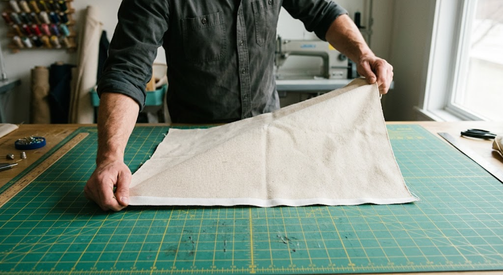Textile artisan pulling damp cotton duck canvas firmly along the diagonal bias over a green gridded cutting mat to align warp and weft yarns perpendicular to the selvage.