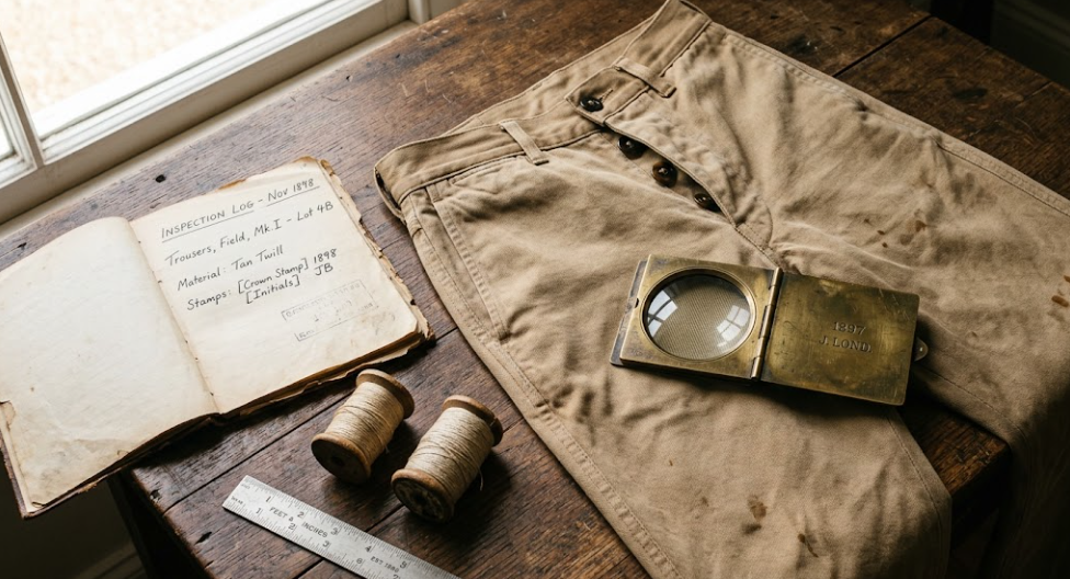 Historical flat-lay featuring vintage military khaki chino cloth trousers with brass textile loupe showing steep twill weave and antique field ledger.