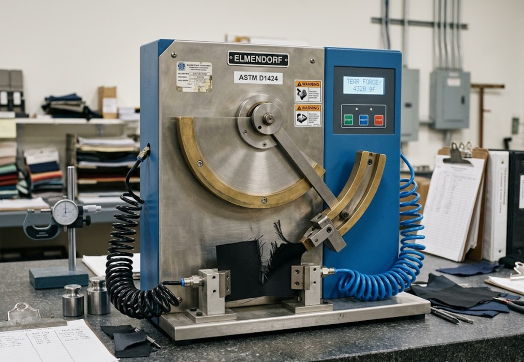 Textile testing laboratory apparatus performing an ASTM D1424 Elmendorf tear resistance test on a clamped 1050D ballistic nylon fabric specimen.