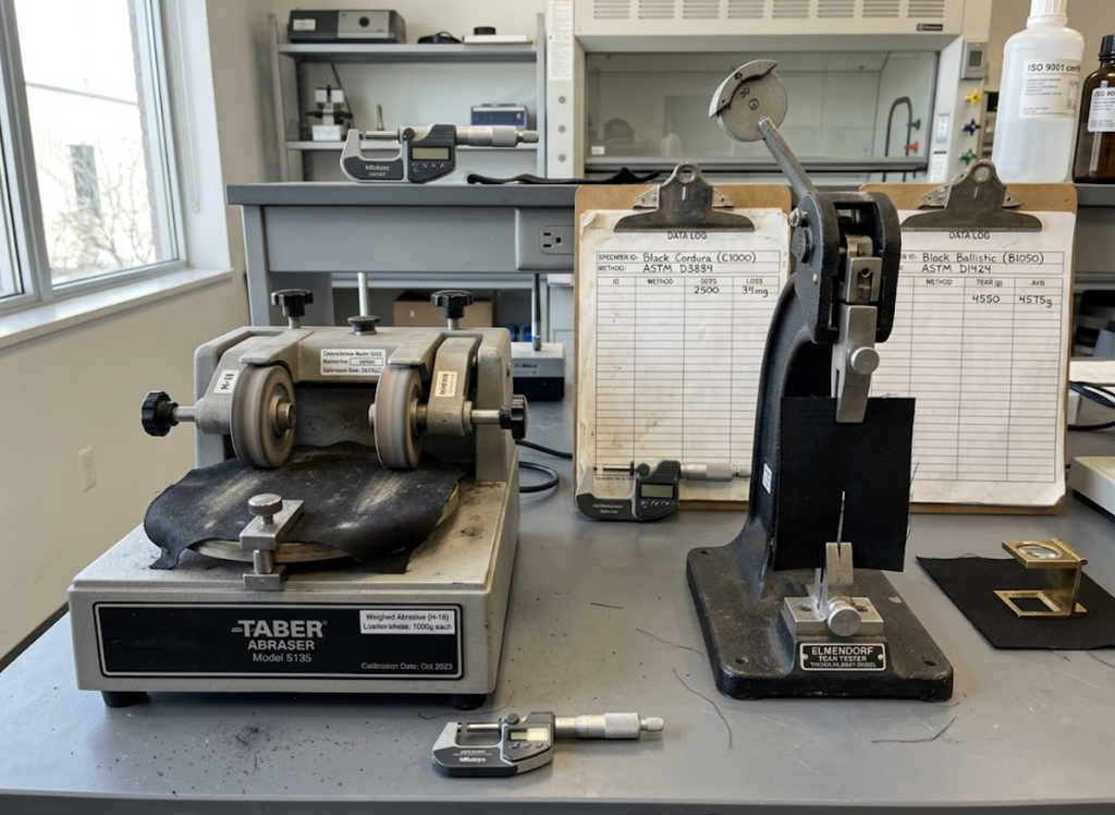 Textile testing laboratory workbench featuring a Taber rotary platform abrasion tester with dual abrasive wheels evaluating a 1000D Cordura specimen beside an Elmendorf tear tester.