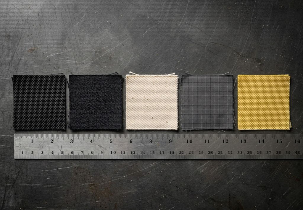 High-magnification macro comparison of 1050D ballistic nylon 2x2 basket weave, air-jet textured Cordura, heavy cotton duck canvas, grid ripstop nylon, and golden Kevlar fabric.