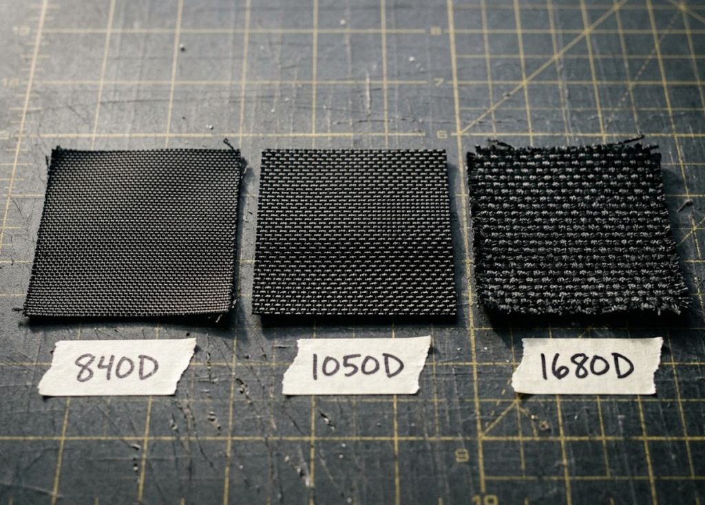 Macro textile comparison of ballistic nylon fabric swatches showing the 2x2 basket weave surface texture of 1050D Nylon 6,6, 1680D dual-ply, and 840D junior ballistic.