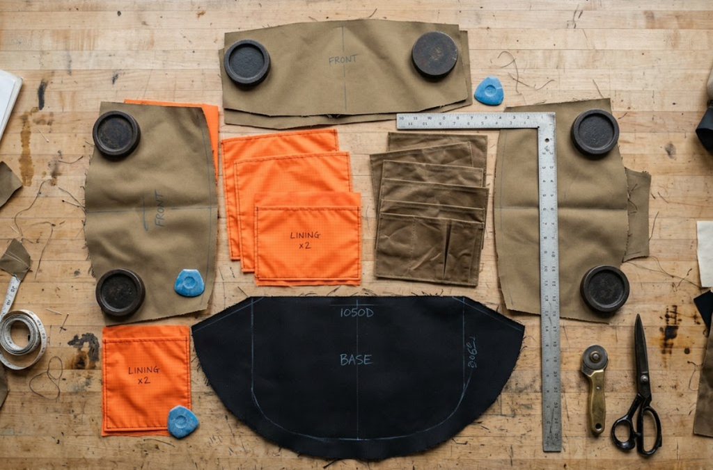 Overhead flat-lay pattern teardown of an expedition duffel bag showing 1050D ballistic nylon bottom panel, 1000D Cordura exterior walls, ripstop nylon lining, and waxed duck canvas tool sleeves.